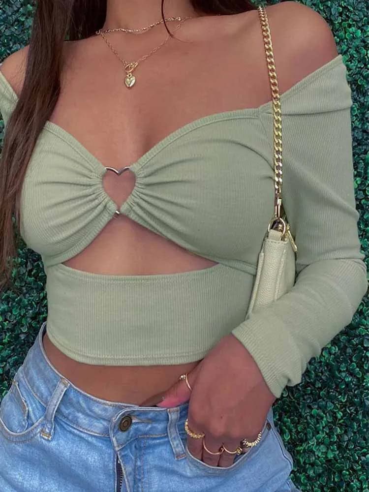 Hollow-Out V-neck Long Sleeve Crop Tops | Backless