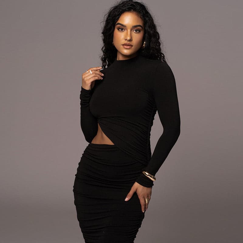 Long Sleeve Sexy Cutout Pleated Tight Dress | Neptune