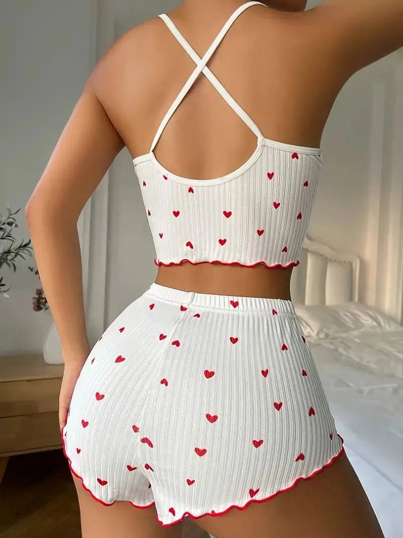 Heart Print Ribbed Pajama Set with Frill Trim | Amora