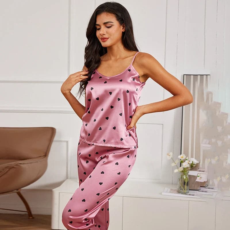 Romantic Satin Pajama Set with heartpaja Print | Noya