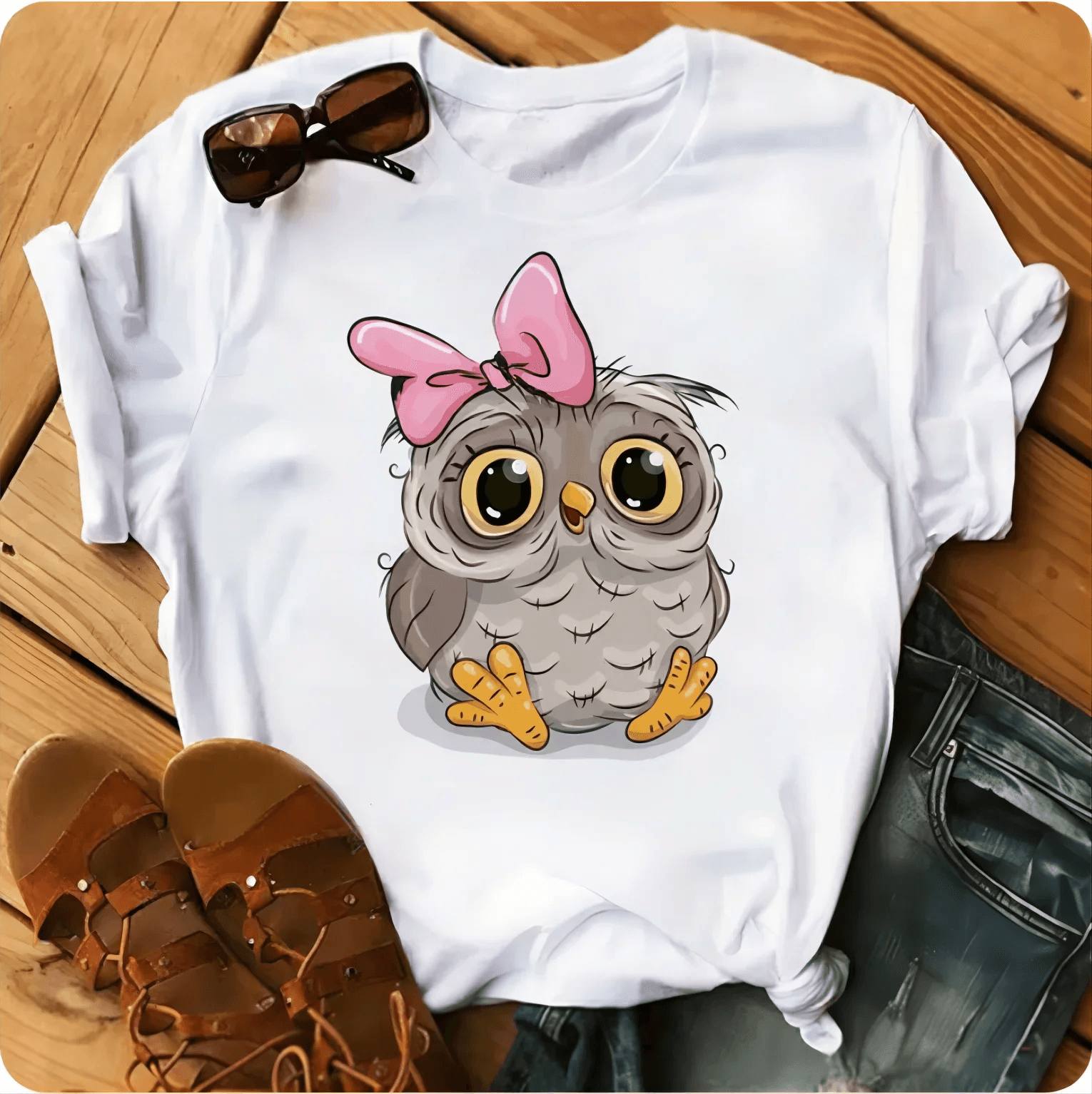 Owl Print Casual Short-sleeved | Owl