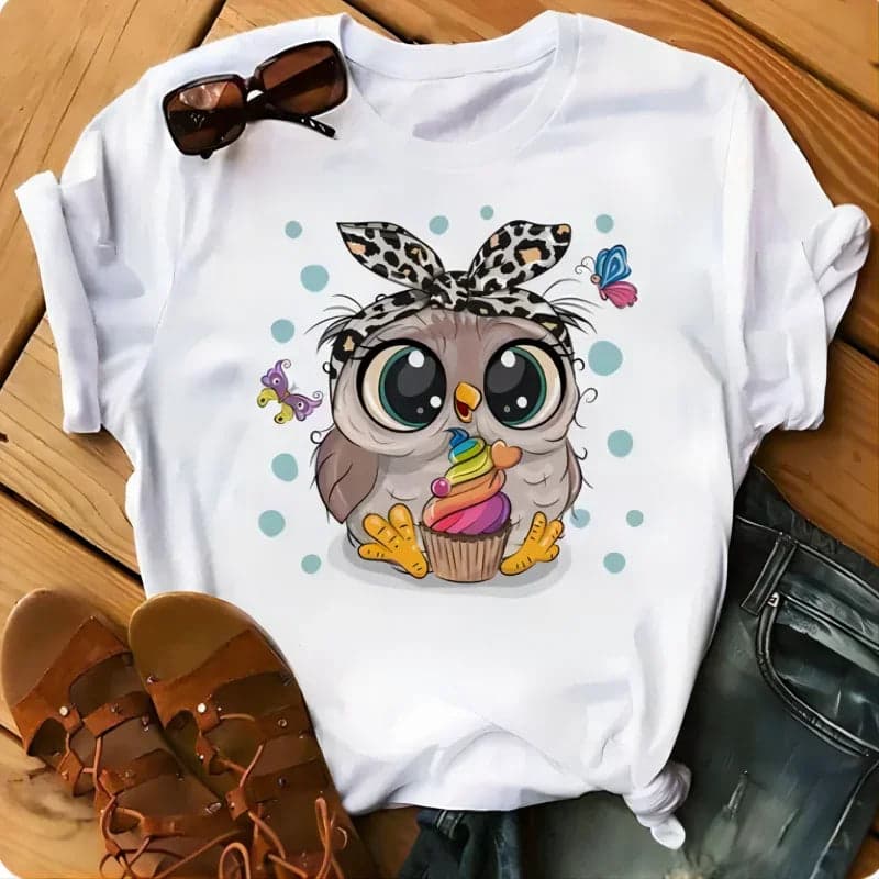 Owl Print Casual Short-sleeved | Owl