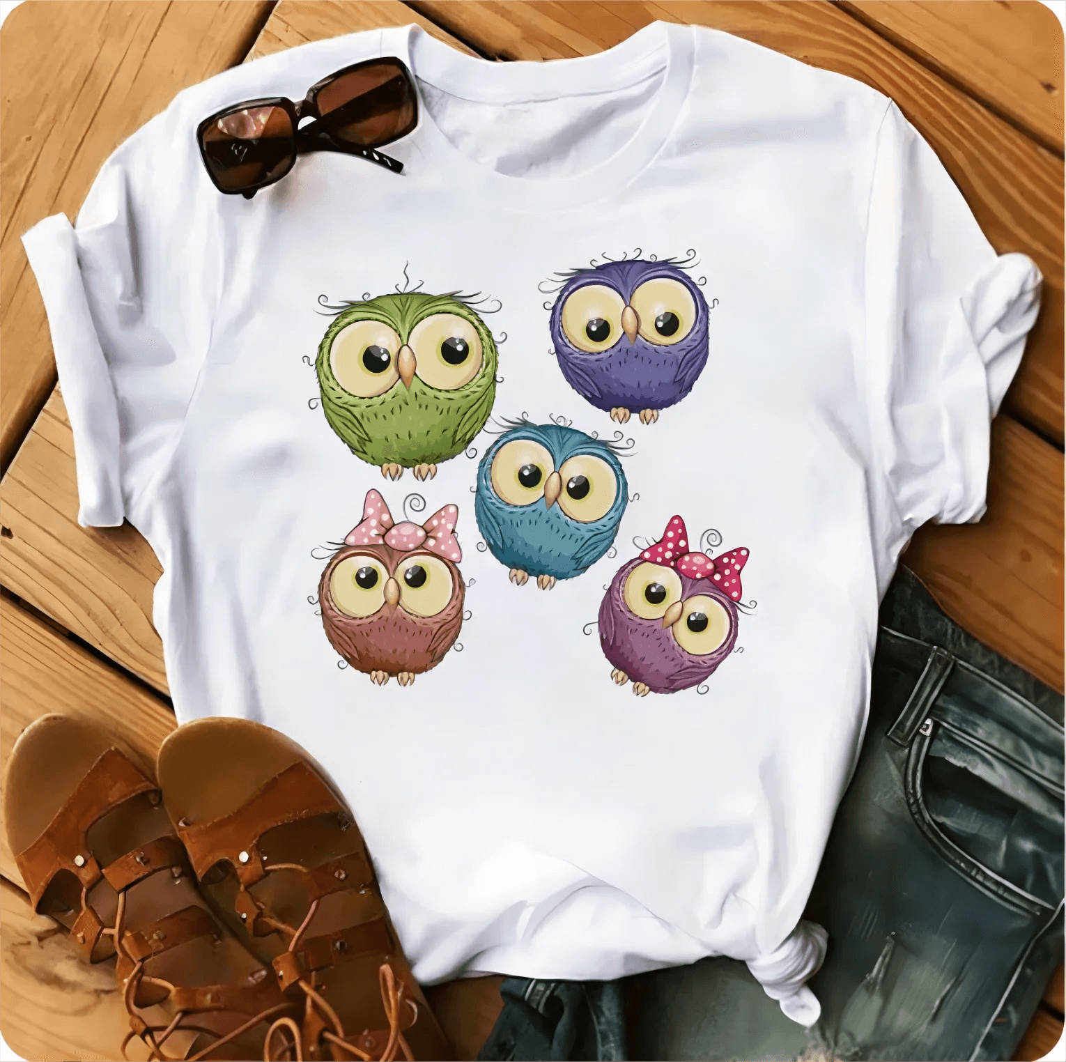 Owl Print Casual Short-sleeved | Owl