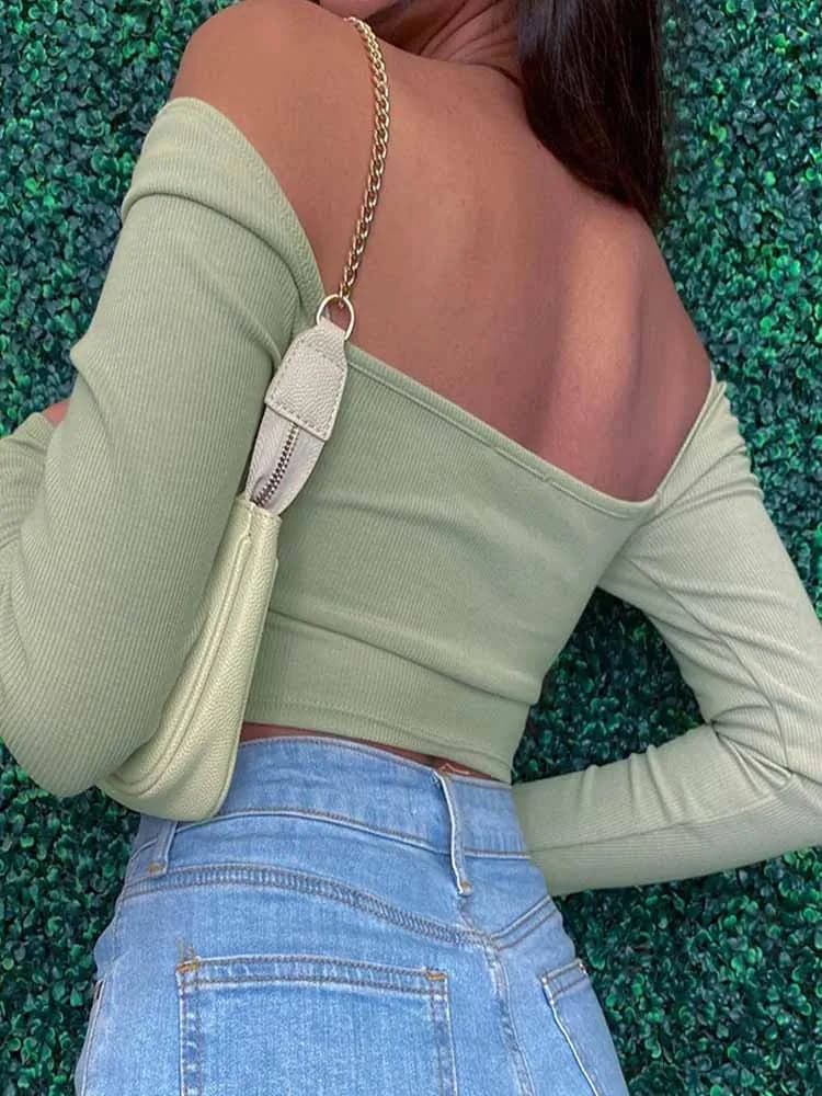Hollow-Out V-neck Long Sleeve Crop Tops | Backless