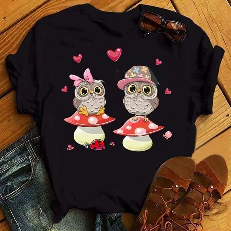Owl Print Casual Short-sleeved | Owl