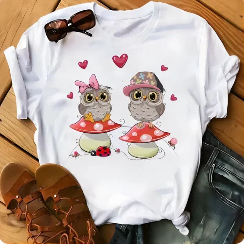 Owl Print Casual Short-sleeved | Owl