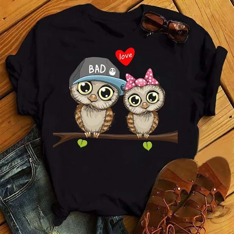 Owl Print Casual Short-sleeved | Owl