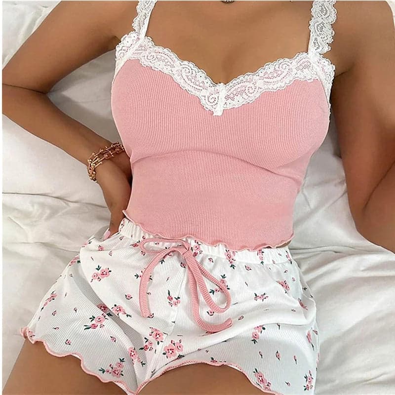 Ribbed Floral Lace Pajama Set with Bows | Bloomi