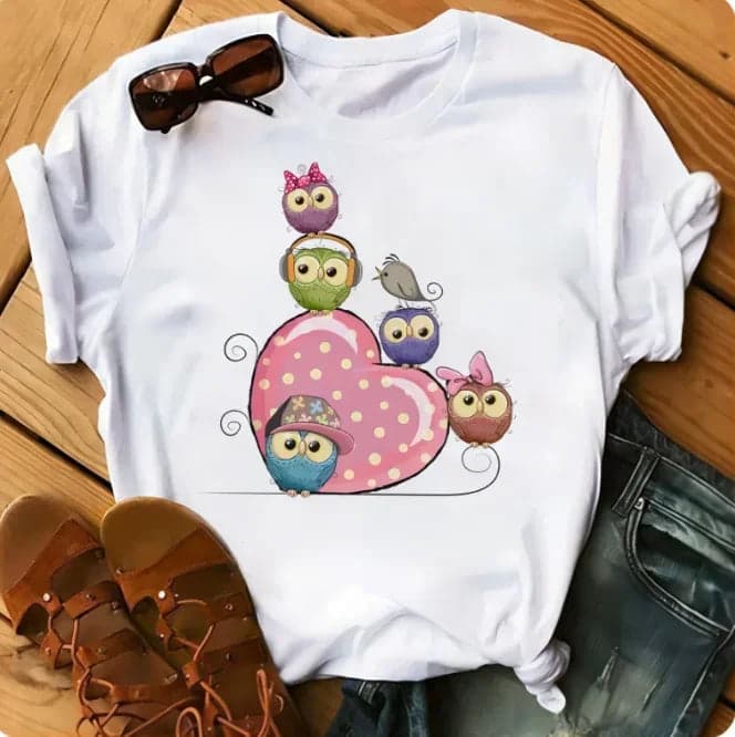 Owl Print Casual Short-sleeved | Owl