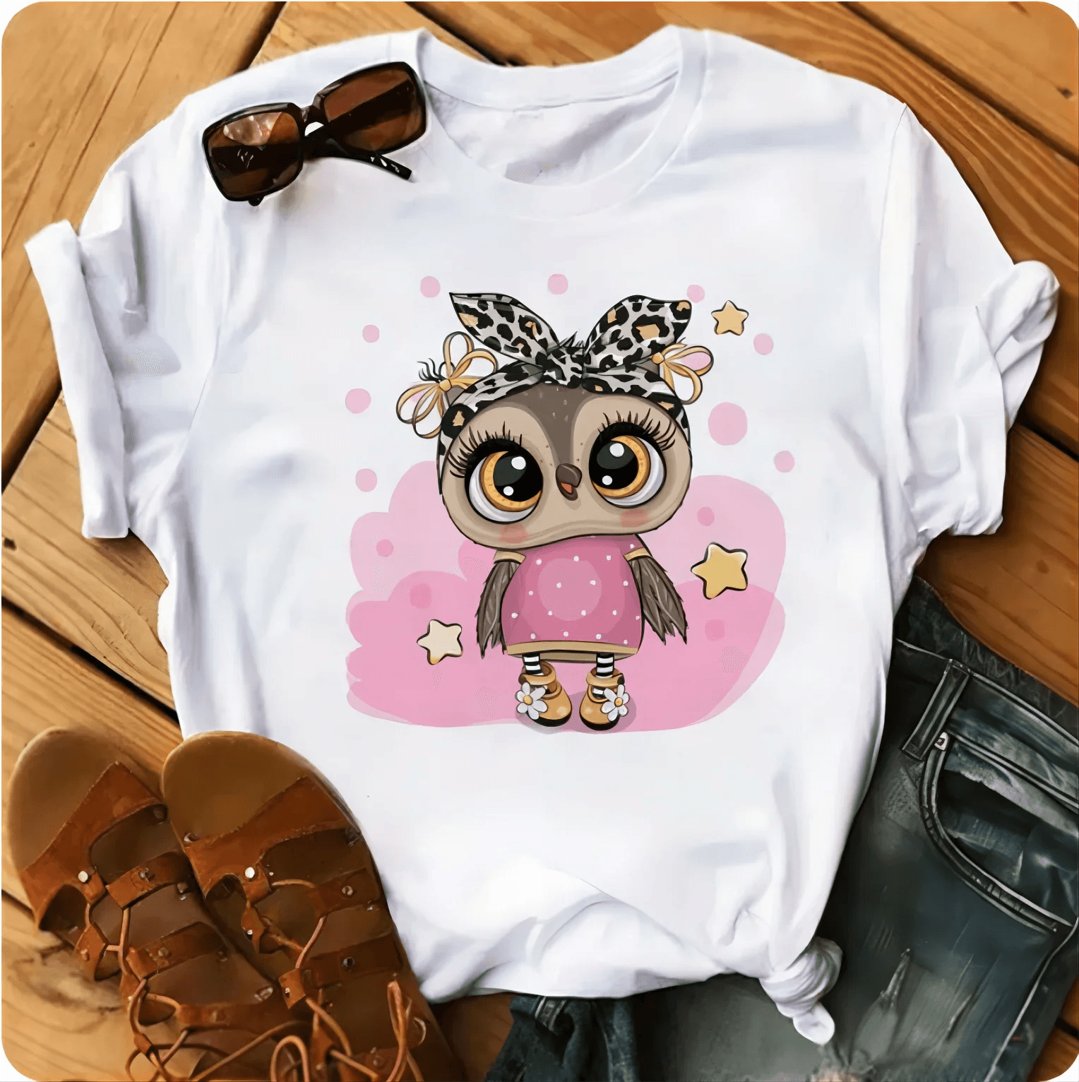 Owl Print Casual Short-sleeved | Owl