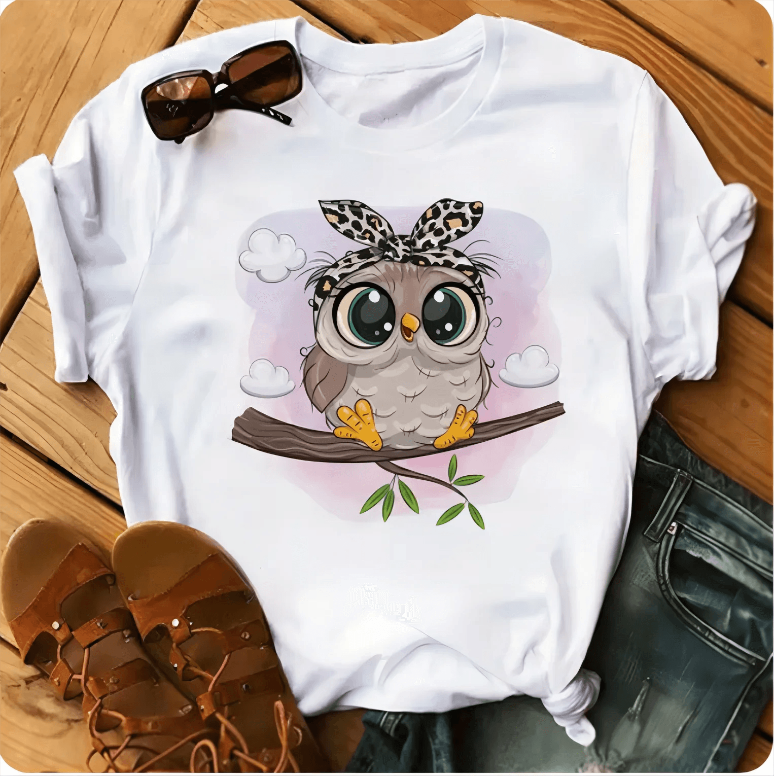 Owl Print Casual Short-sleeved | Owl