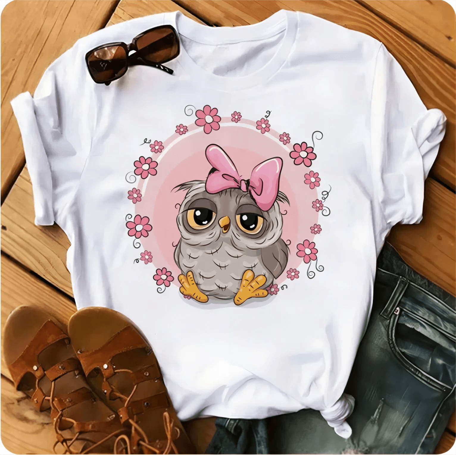 Owl Print Casual Short-sleeved | Owl