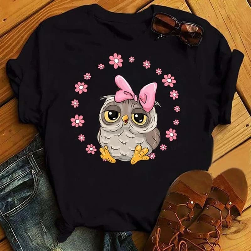 Owl Print Casual Short-sleeved | Owl