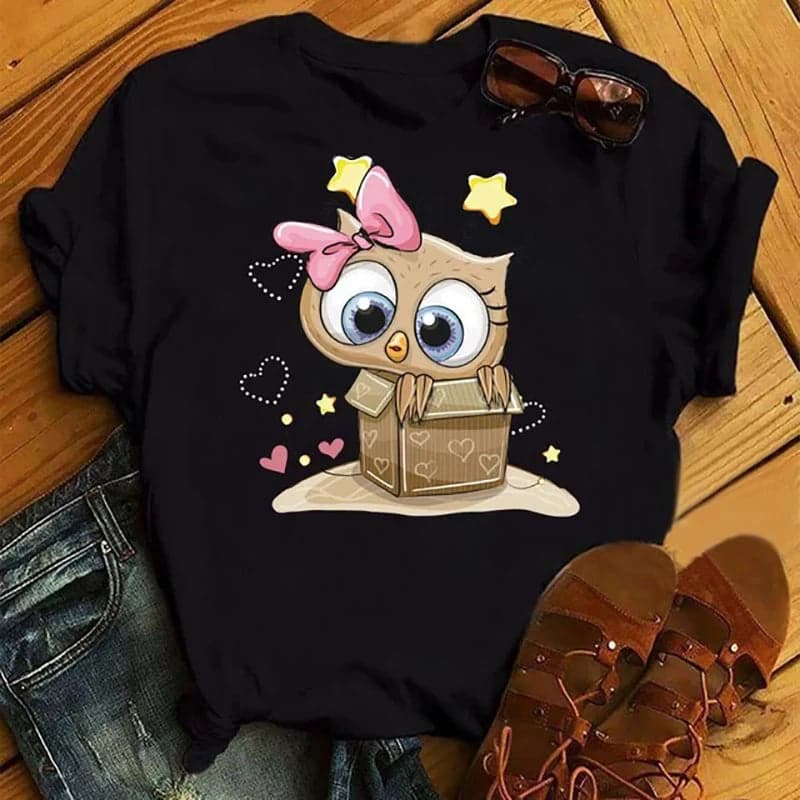 Owl Print Casual Short-sleeved | Owl