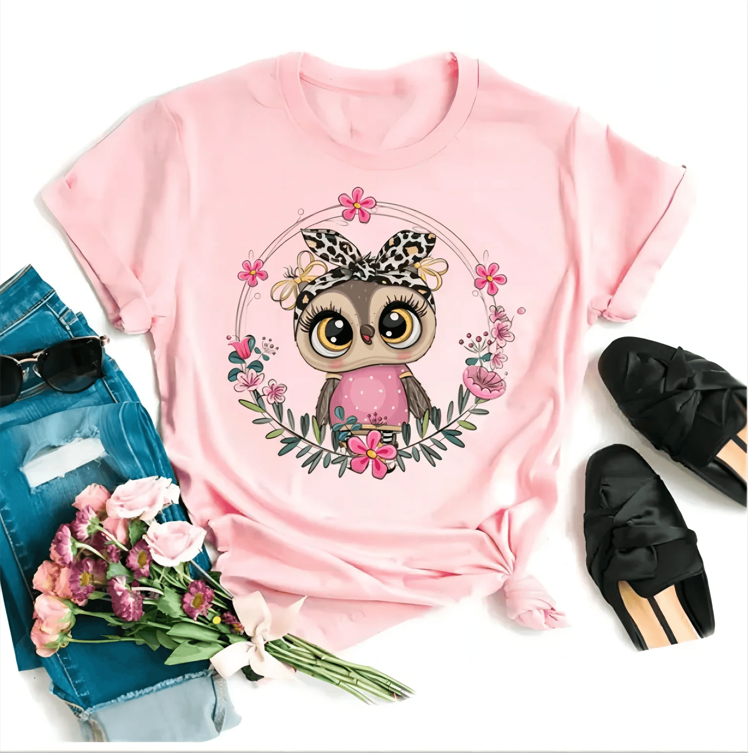 Owl Print Casual Short-sleeved | Owl