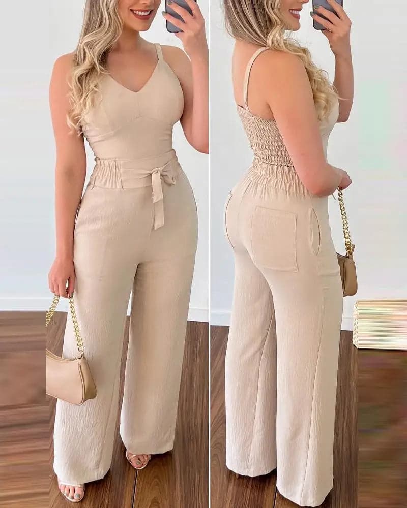 Long Jumpsuits, Elegant Sexy V-Neck Shirred Top High Waist Pants | Shula