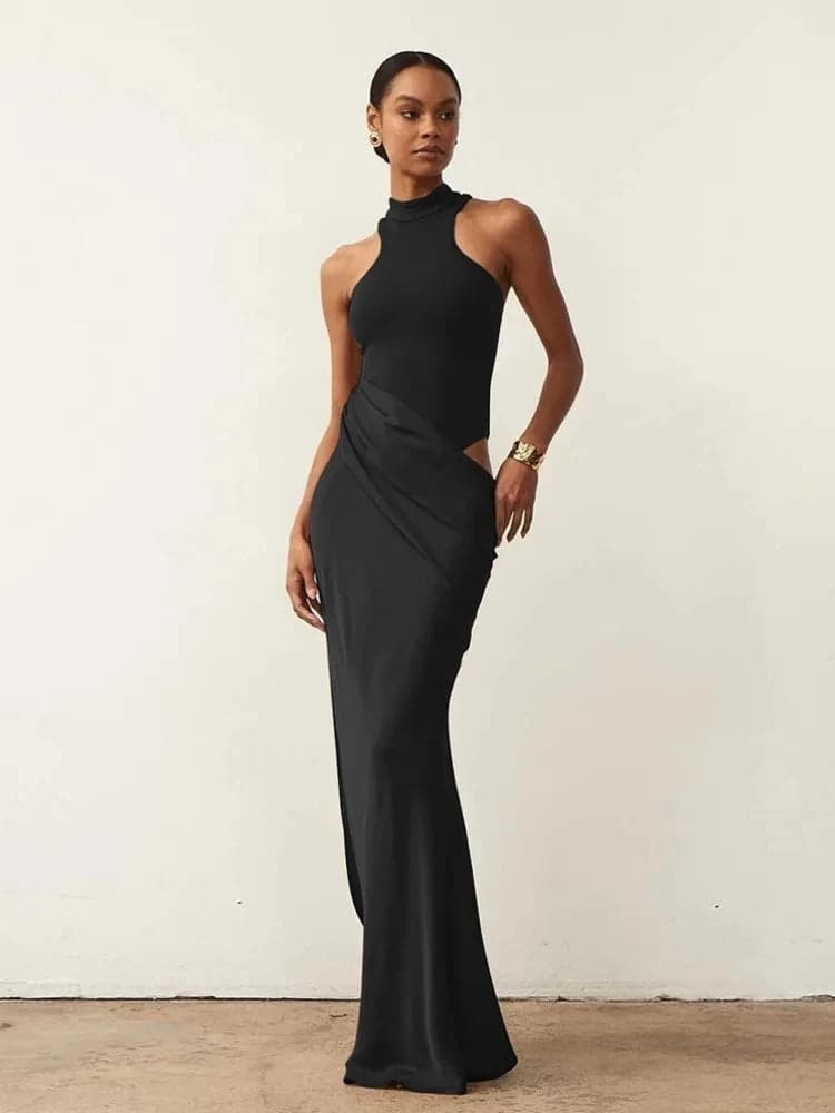 Satin Hollow-Out Maxi Dress โจ | Noir