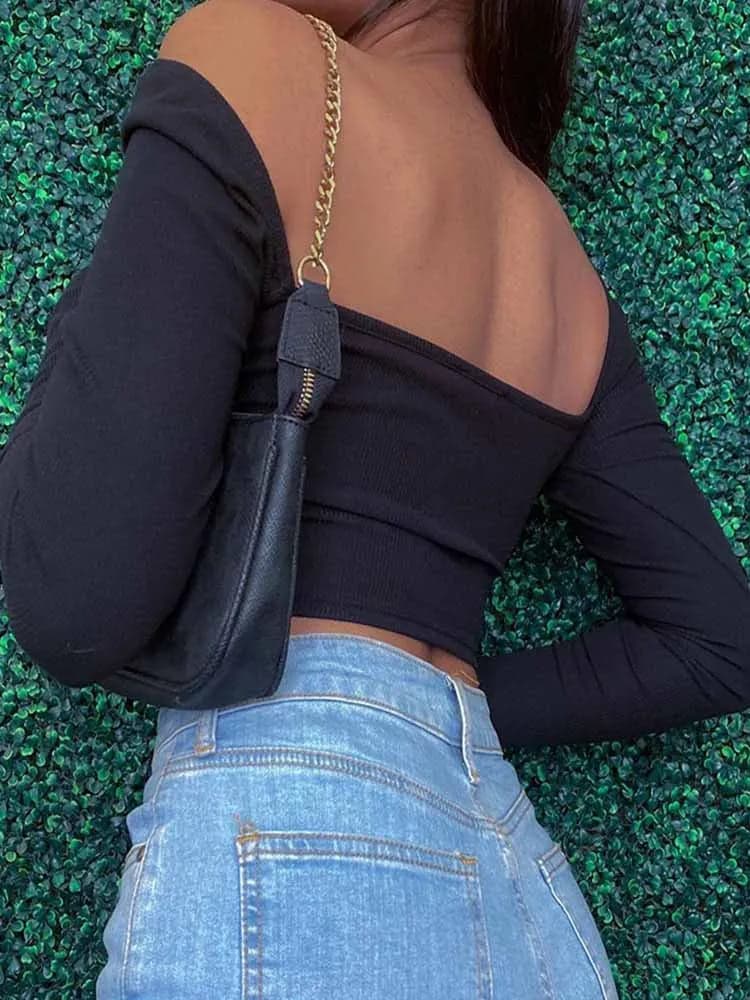 Hollow-Out V-neck Long Sleeve Crop Tops | Backless