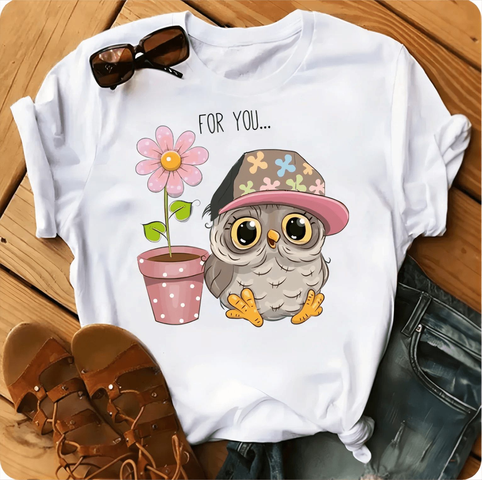 Owl Print Casual Short-sleeved | Owl