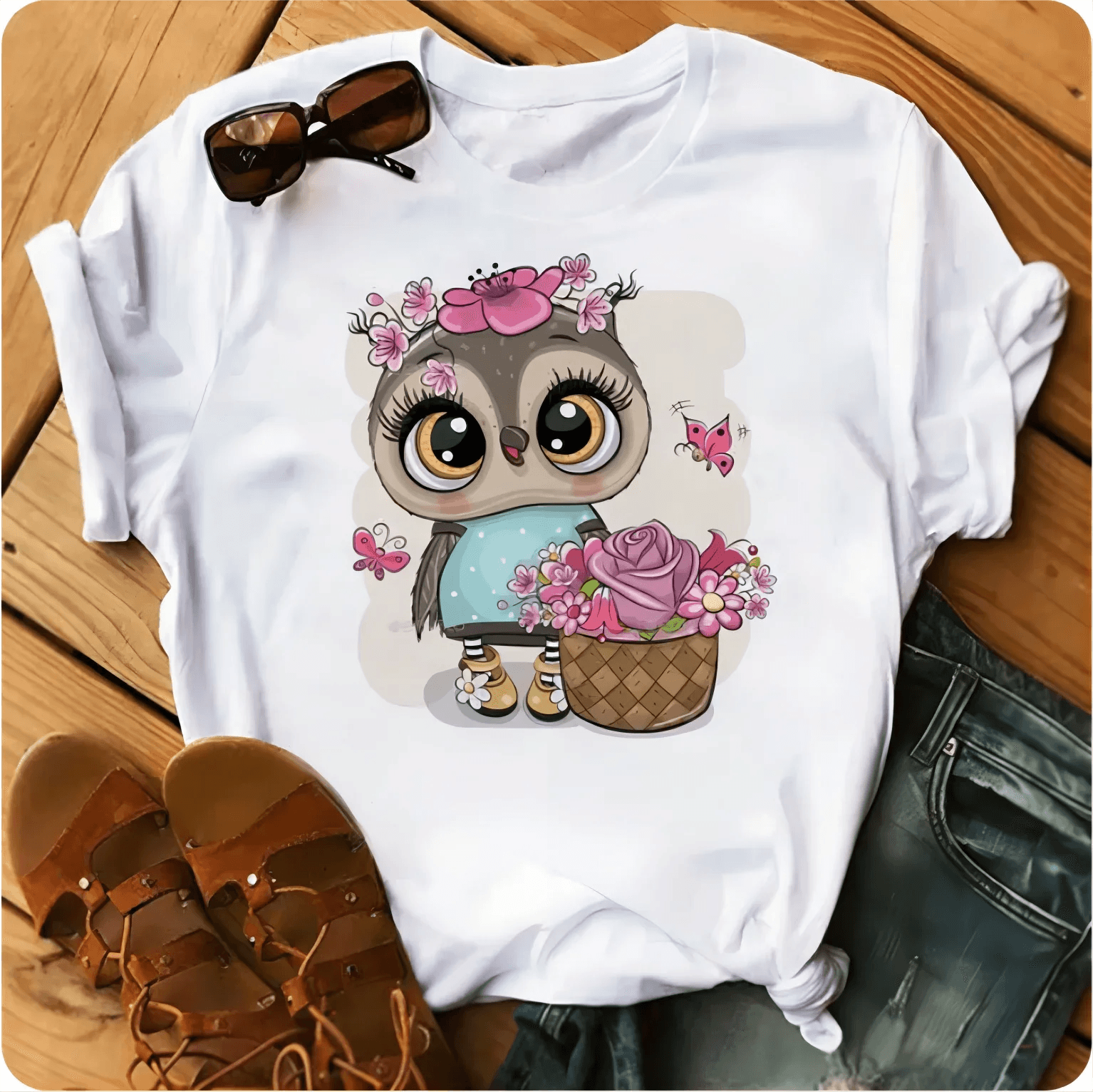 Owl Print Casual Short-sleeved | Owl