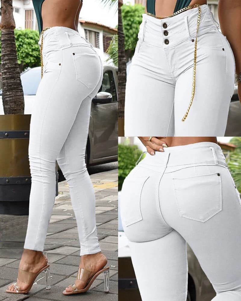 High Waist Pocket Design Skinny Pants Button Pocket | Valery